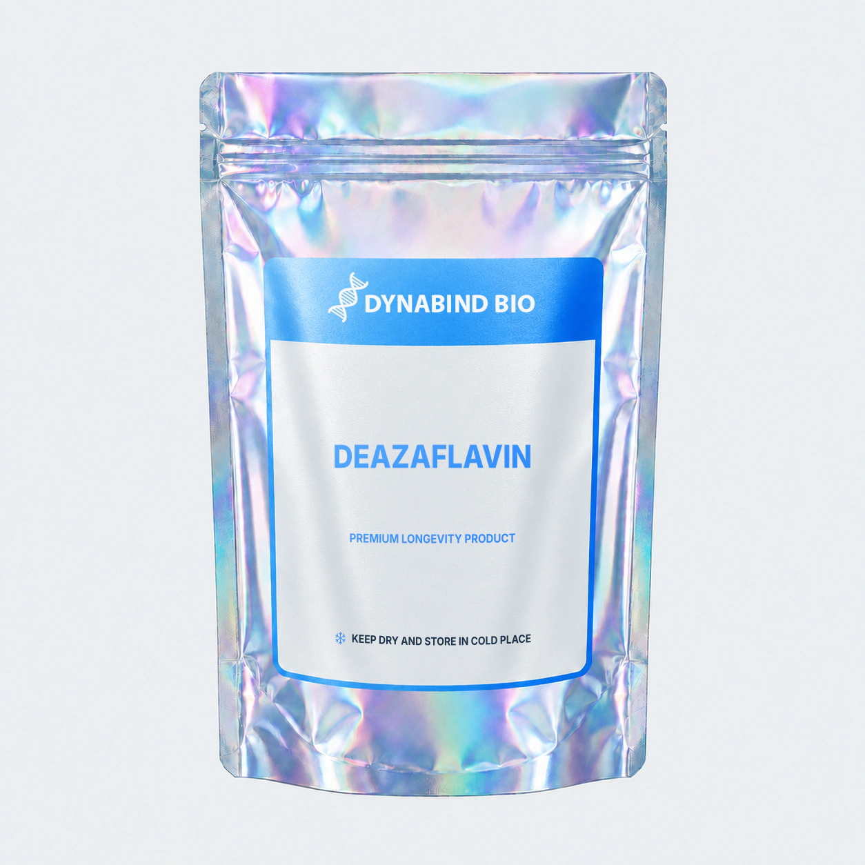 Deazaflavin supplement pouch for neural energy, nootropic and longevity research connected with the TND1128 5-deazaflavin derivative by DynaBind Bio