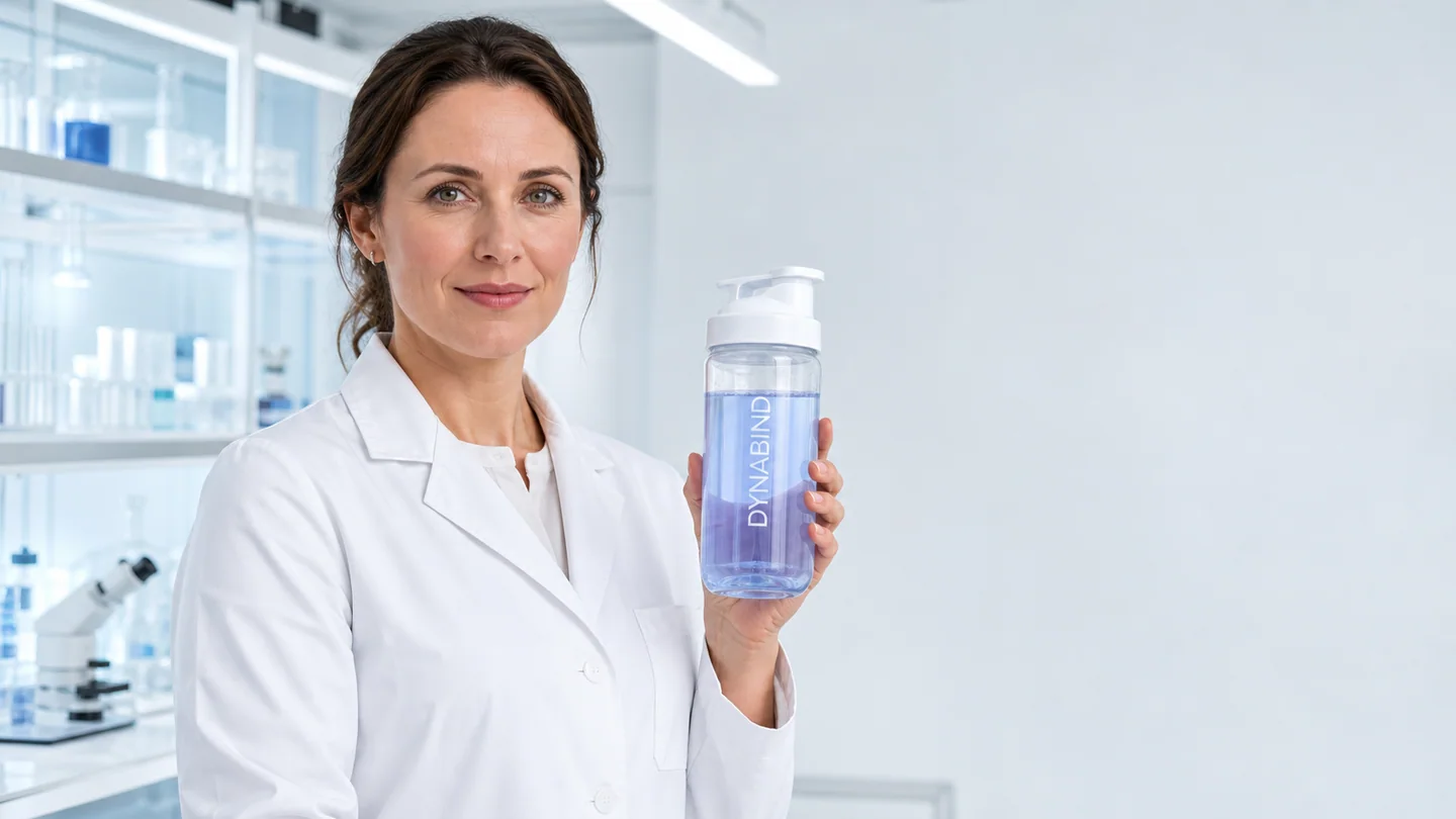 Laboratory research professional holding a transparent DynaBind shaker